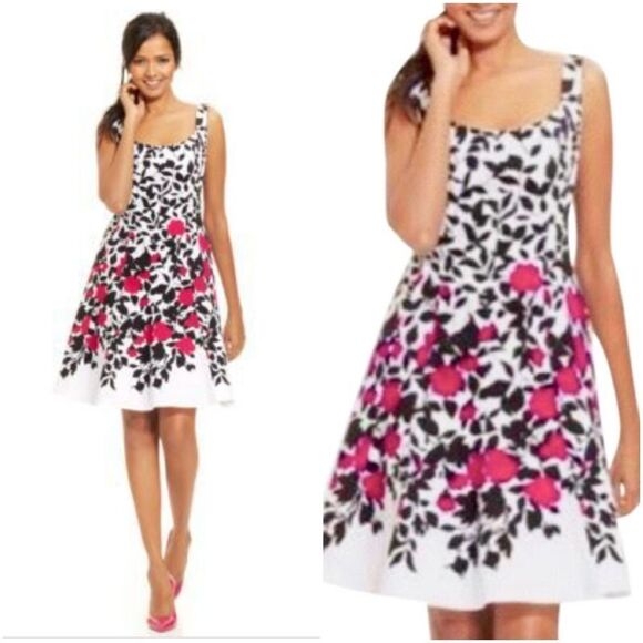 ☔️🔹️Nine West White & Pink Floral Print Fit & Flare Sleeveless Dress Size 6 - Picture 1 of 11